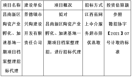 昌南新區(qū)陶瓷產業(yè)孵化、加速基地一期項目檔案整理招標代理計劃公告