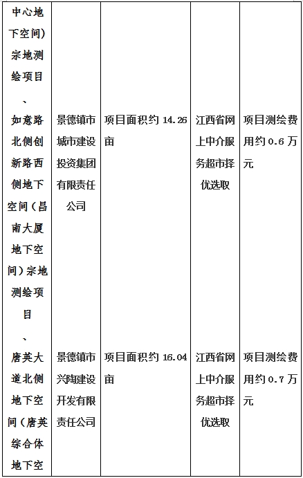 景德鎮(zhèn)市昌南新區(qū)LJ1-03-A01-1地塊、瓷都大道東側中渡口地下空間（格蘭云天大酒店地下空間）、光明大道北側利民路西側地下空間（青少年宮地下空間）、規(guī)劃二路北側地下空間地塊二（加速基地地下空間）、規(guī)劃二路北側地下空間地塊一（加速基地地下空間）、景德大道南側天寶橋西側地塊、景興大道東側如意路北側地下空間(社會公共服務