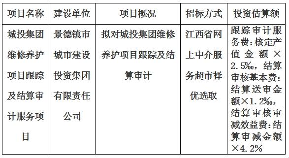 城投集團維修養(yǎng)護(hù)項目跟蹤及結(jié)算審計服務(wù)項目計劃公告