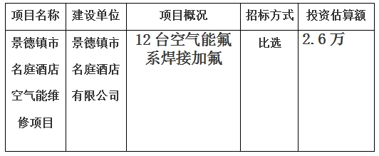 景德鎮(zhèn)市名庭酒店空氣能維修項(xiàng)目計劃公告